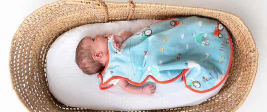 A newborn sleeps in a wicker bassinet, wrapped in a colorful animal-themed baby sleep bag