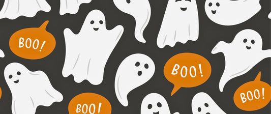 a fun and playful Halloween theme, with several cute white ghosts on a dark background.