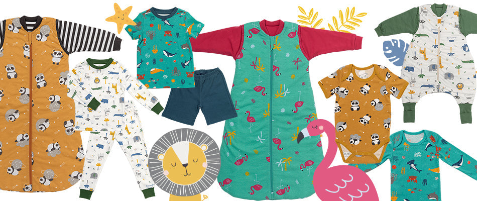  A colorful collection of baby clothing featuring various patterns, including animals, stripes, and nature motifs.