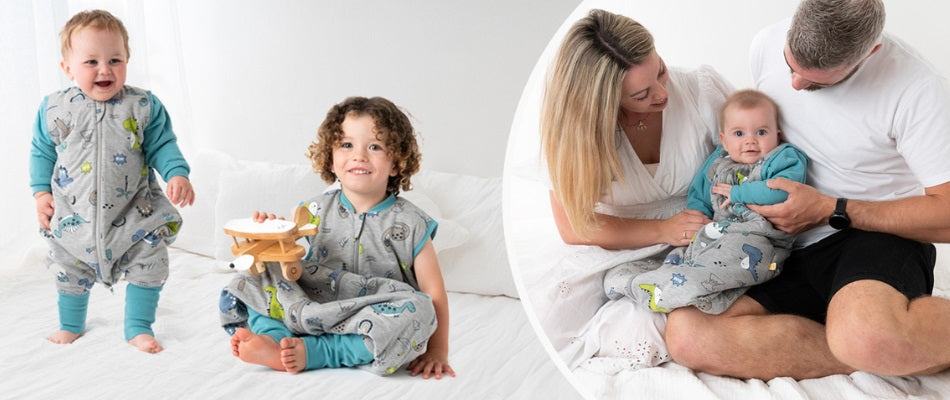  On the left, two young children play on a bed, one standing in a sleeping bag with feet and the other seated with a toy airplane. On the right, a couple sits with their baby.