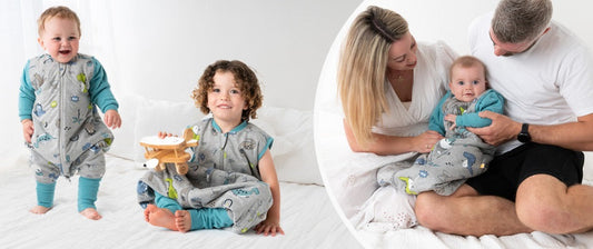  On the left, two young children play on a bed, one standing in a sleeping bag with feet and the other seated with a toy airplane. On the right, a couple sits with their baby.