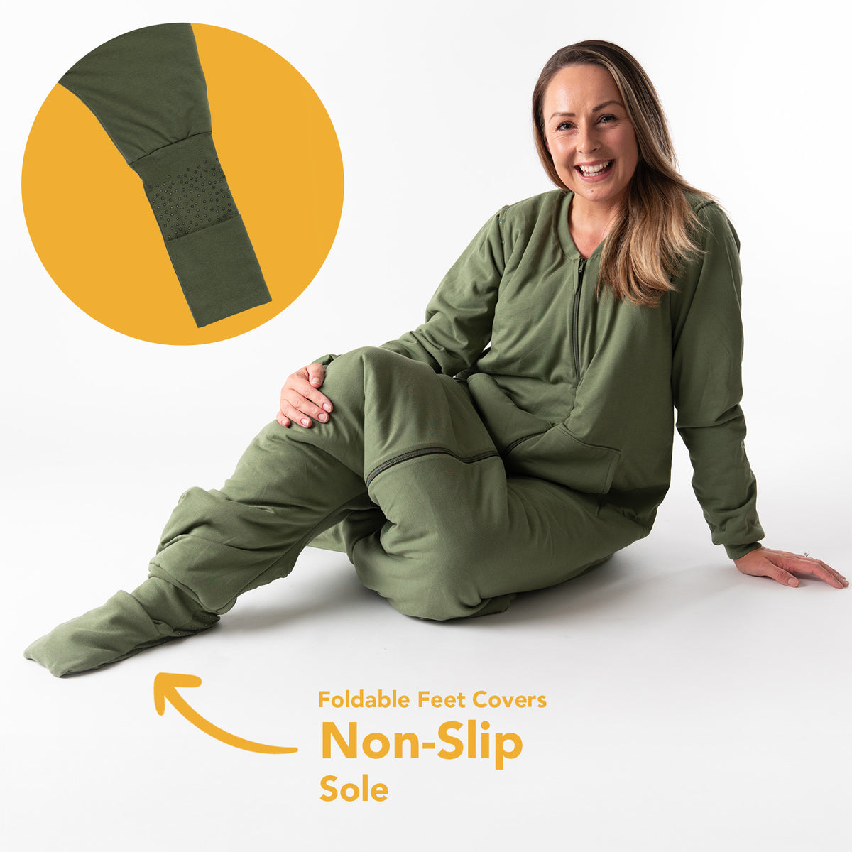 Adult Sleeping Bag with Feet & Detachable Sleeves - 3.5 TOG_Olive_foot area_1189
