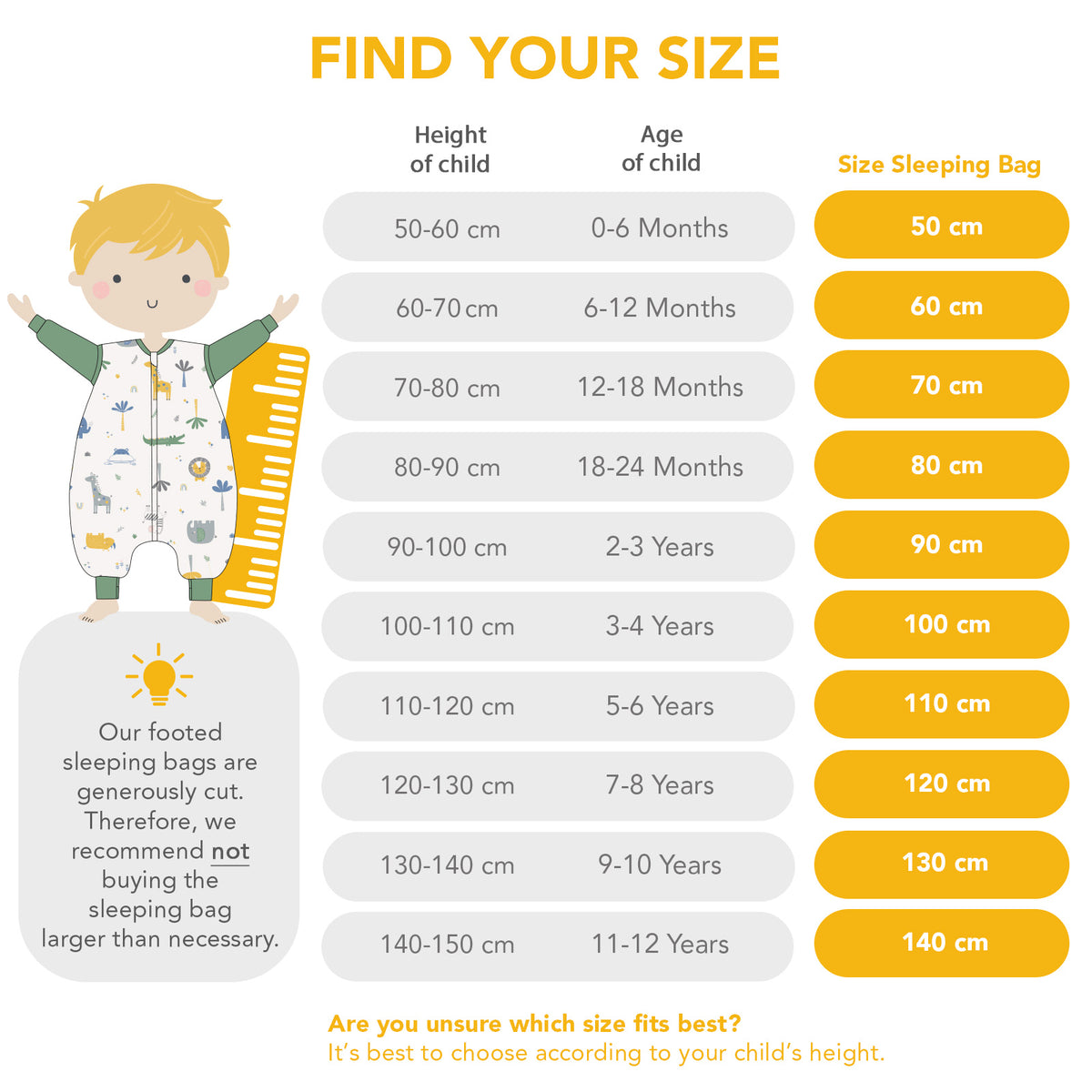 Sleeping Bag with Feet & Foldable Feet Covers - 3.5 TOG_size chart_1209