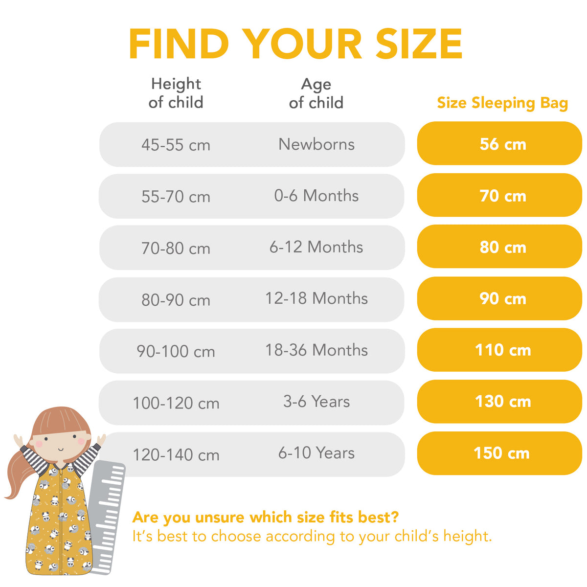 Long Sleeve Baby Sleeping Bag - 3.5 TOG_size chart_1210