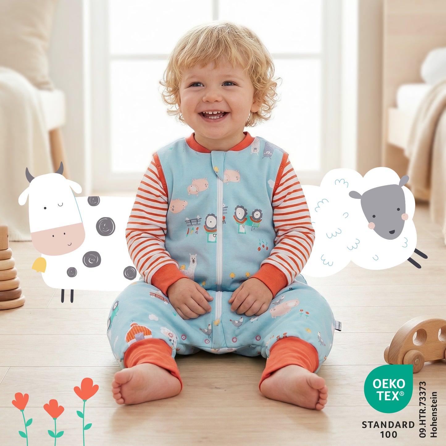 Organic Sleeping Bag with Feet & Foldable Feet Covers - 3.5 TOG_Farmyard_469_2